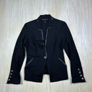 WHBM Black Faux Leather Trim One Button Closure Career Business Blazer Jacket 2